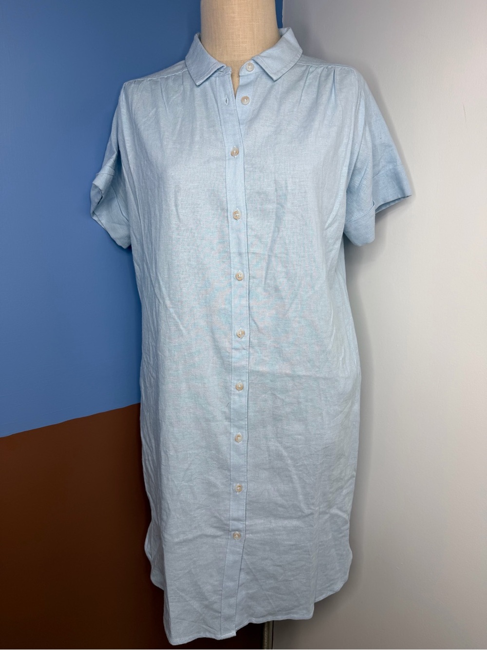 Well Worn Linen Blend Light Blue Button Up Shirt Dress Size Medium